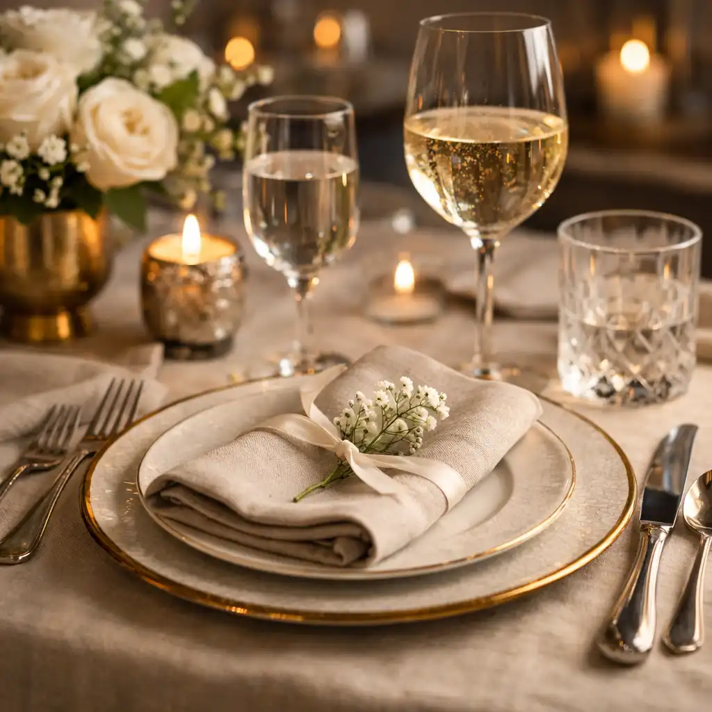 Détail d’une table dressée avec vaisselle fine et bougies