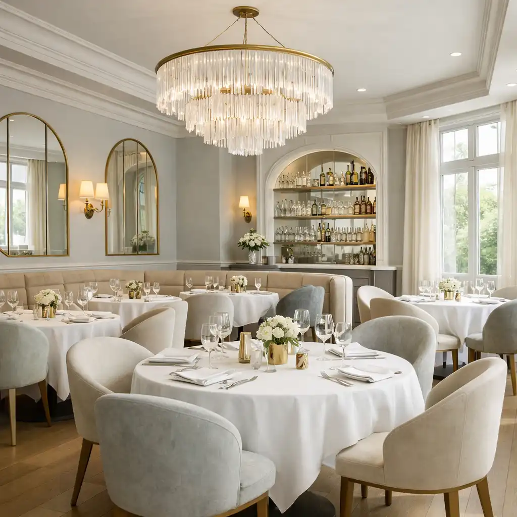 Intérieur élégant et lumineux du restaurant Veloorique avec tables dressées