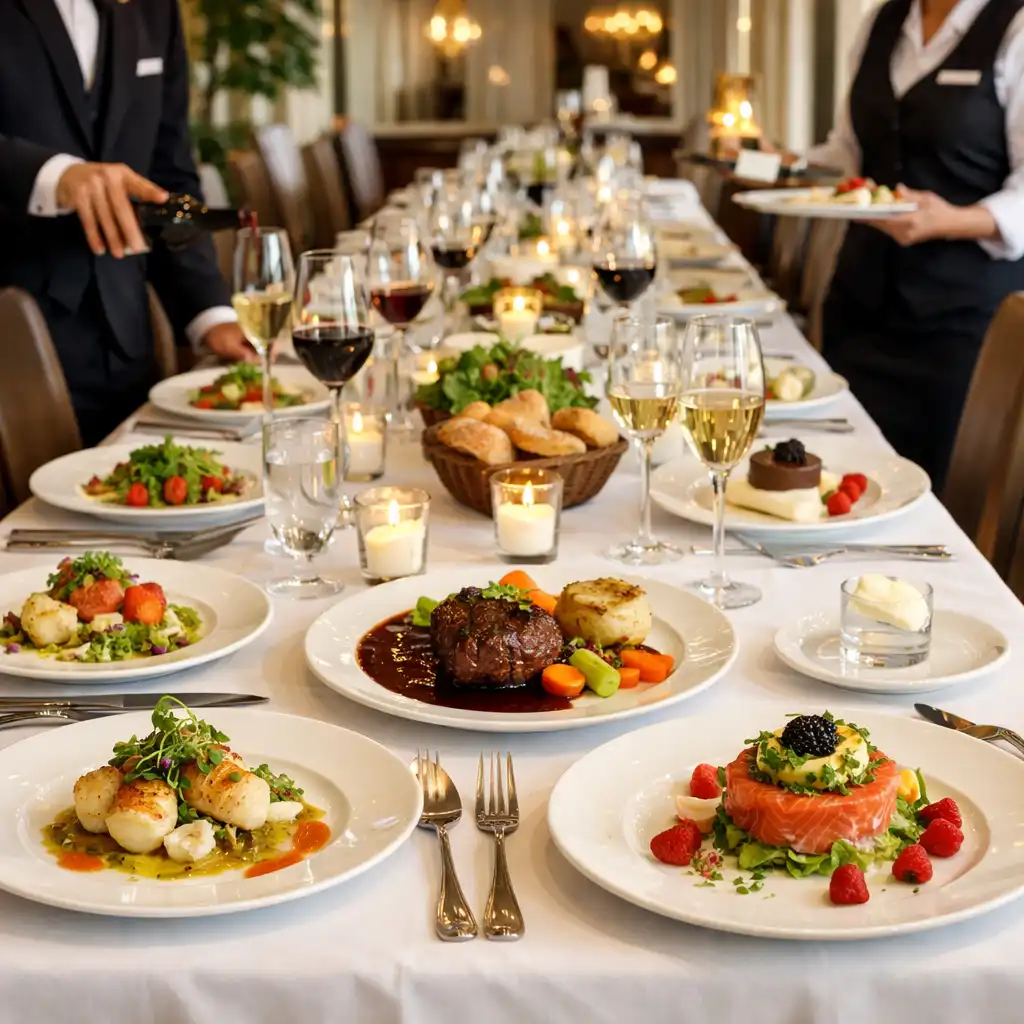 Table gastronomique dressée pour un repas d’entreprise raffiné
