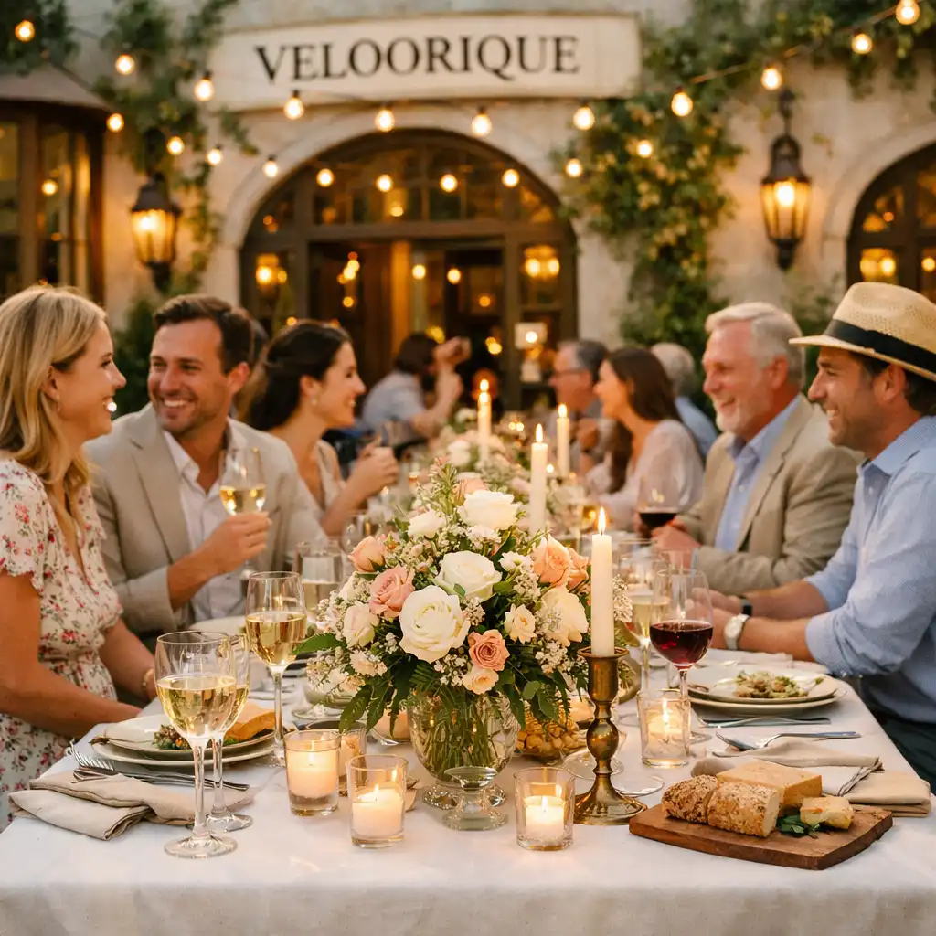 Grande table dressée pour un événement chic chez Veloorique